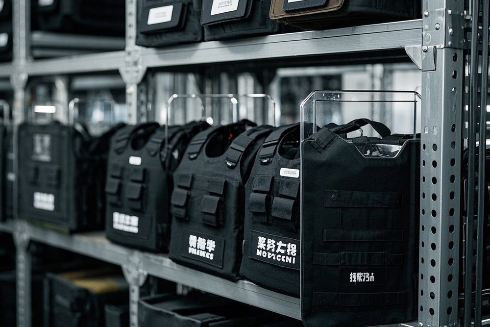 警用防暴盾、破拆工具存放在金屬貨架上，RFID標簽...